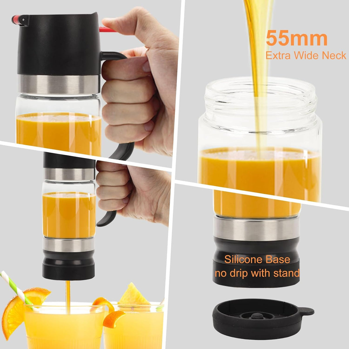 Honey Dispenser, Glass Honey Dispenser No Drip, Honeys Pot with Stand, Refillable Honeys Container, No Drip Glass Syrup Container for Syrup, Agave, Salad Dressing, Breakfast Use (Black, 12Oz)