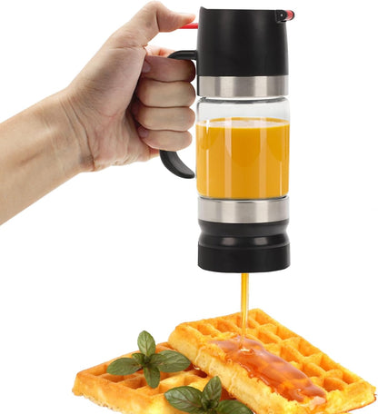 Honey Dispenser, Glass Honey Dispenser No Drip, Honeys Pot with Stand, Refillable Honeys Container, No Drip Glass Syrup Container for Syrup, Agave, Salad Dressing, Breakfast Use (Black, 12Oz)