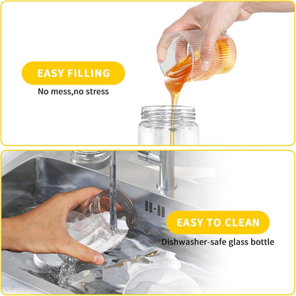 Honey Dispenser, Glass Honey Dispenser No Drip, Honeys Pot with Stand, Refillable Honeys Container, No Drip Glass Syrup Container for Syrup, Agave, Salad Dressing, Breakfast Use (Black, 12Oz)
