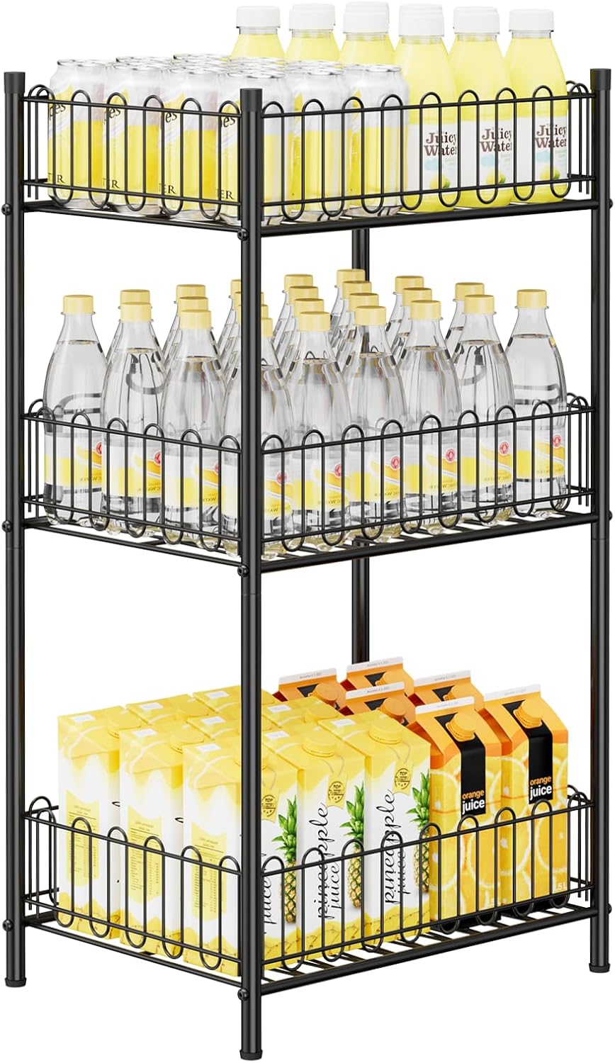 Water Bottle Holder Rack 3 Tier Soda Drink Organizer Vertical Metal Food Storage Shelf for Kitchen Countertop Pantry, Can Storage Organizer for Pantry