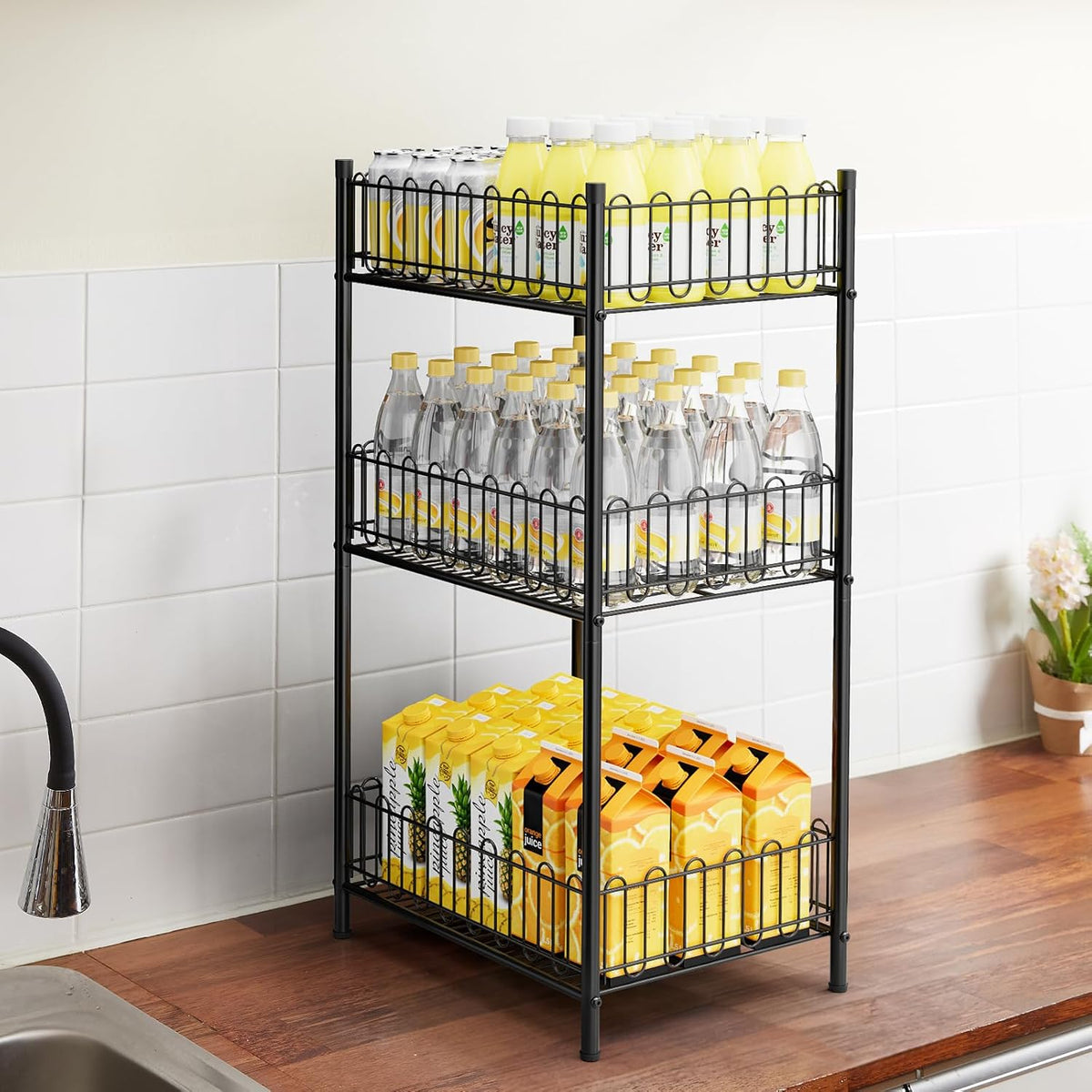 Water Bottle Holder Rack 3 Tier Soda Drink Organizer Vertical Metal Food Storage Shelf for Kitchen Countertop Pantry, Can Storage Organizer for Pantry