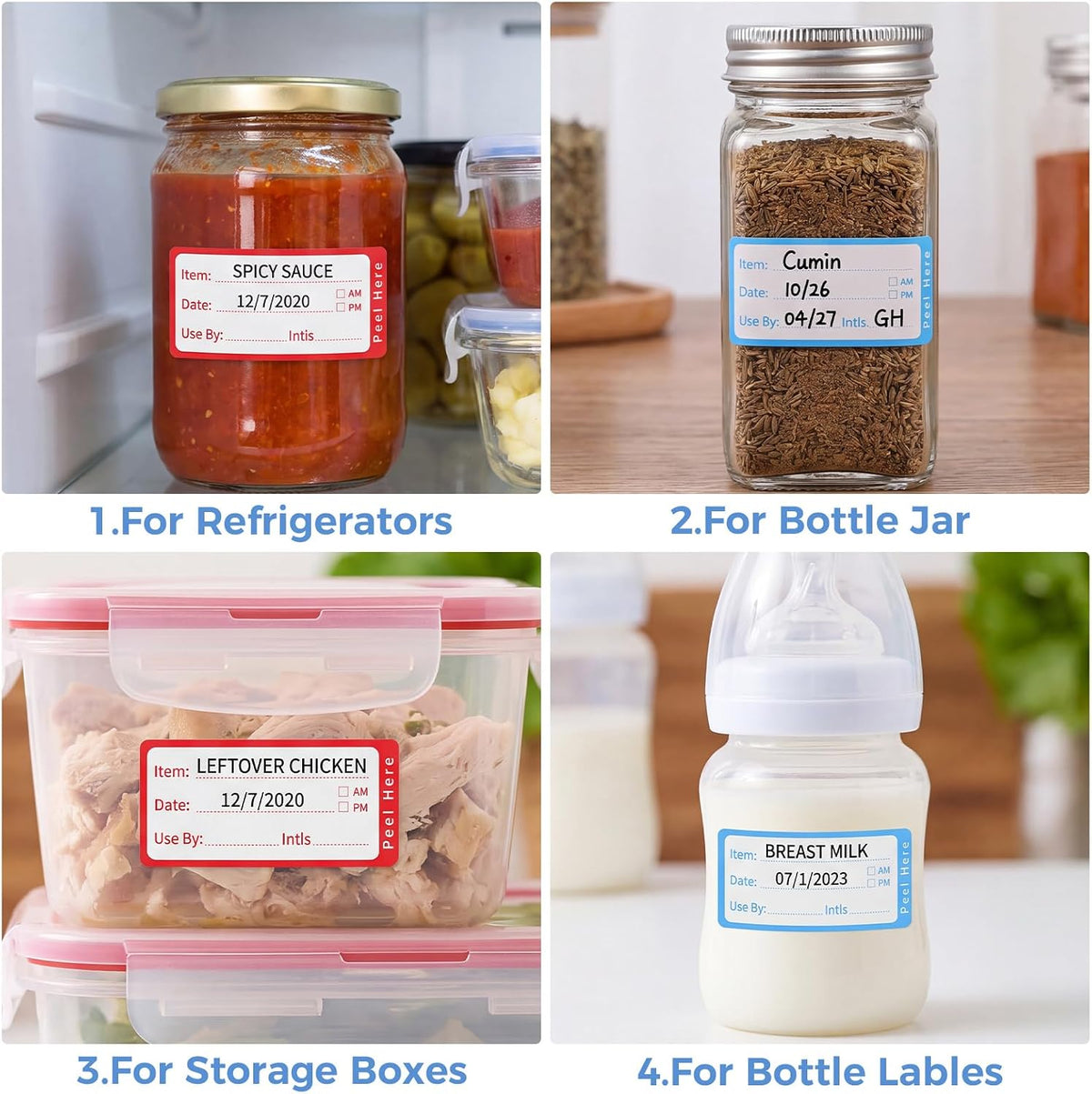 1200 Freezer Labels with Dispenser, 1" x 2", Removable, Red & Blue | Writable Food Labels, No Residue, Strong Adhesive, Water And Oil Resistant, For Containers And Freezer Bags