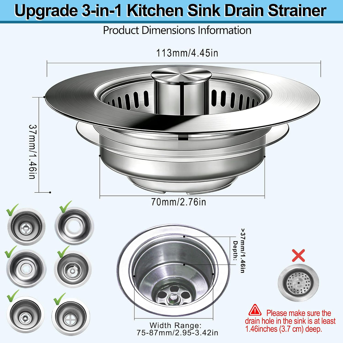 Upgraded 3-in-1 Pop-Up Kitchen Sink Drain Strainer Stopper
