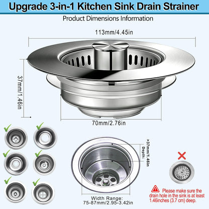 Upgraded 3-in-1 Pop-Up Kitchen Sink Drain Strainer Stopper