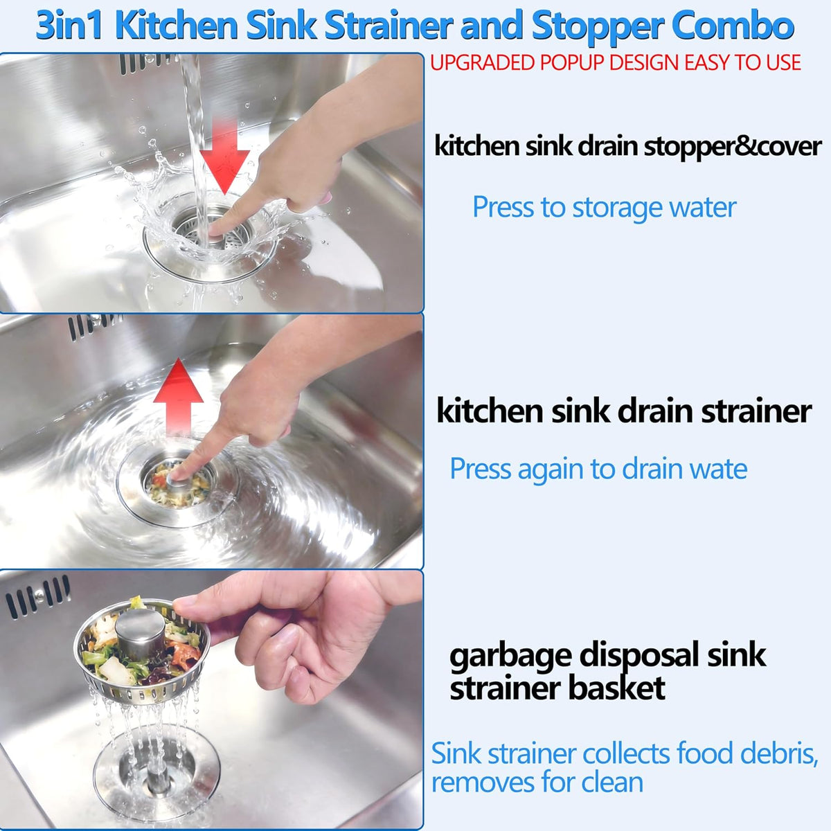Upgraded 3-in-1 Pop-Up Kitchen Sink Drain Strainer Stopper