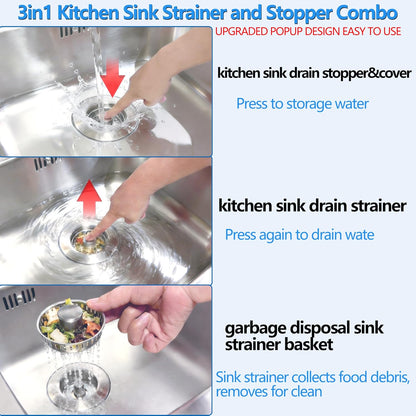 Upgraded 3-in-1 Pop-Up Kitchen Sink Drain Strainer Stopper