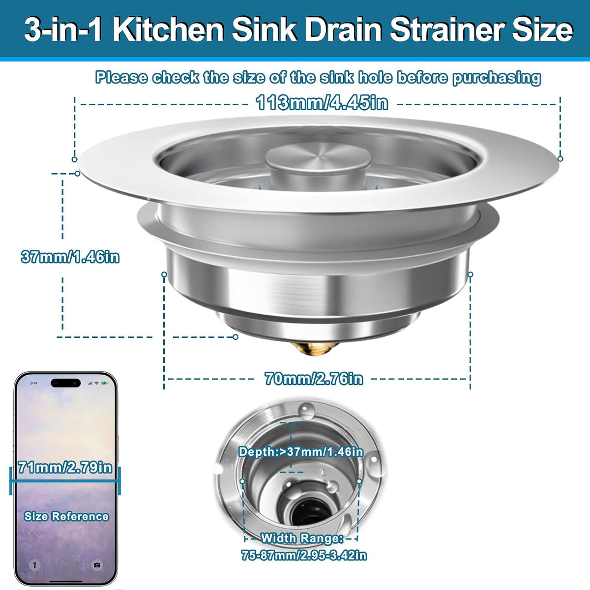 Upgraded 3-in-1 Pop-Up Kitchen Sink Drain Strainer Stopper