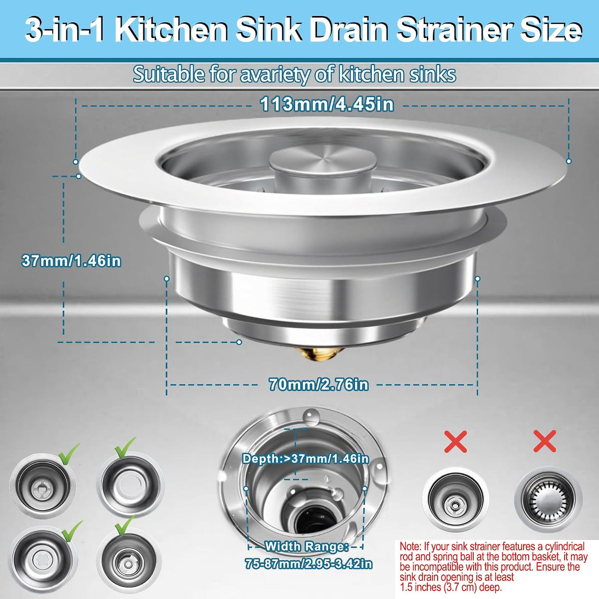 Upgraded 3-in-1 Pop-Up Kitchen Sink Drain Strainer Stopper