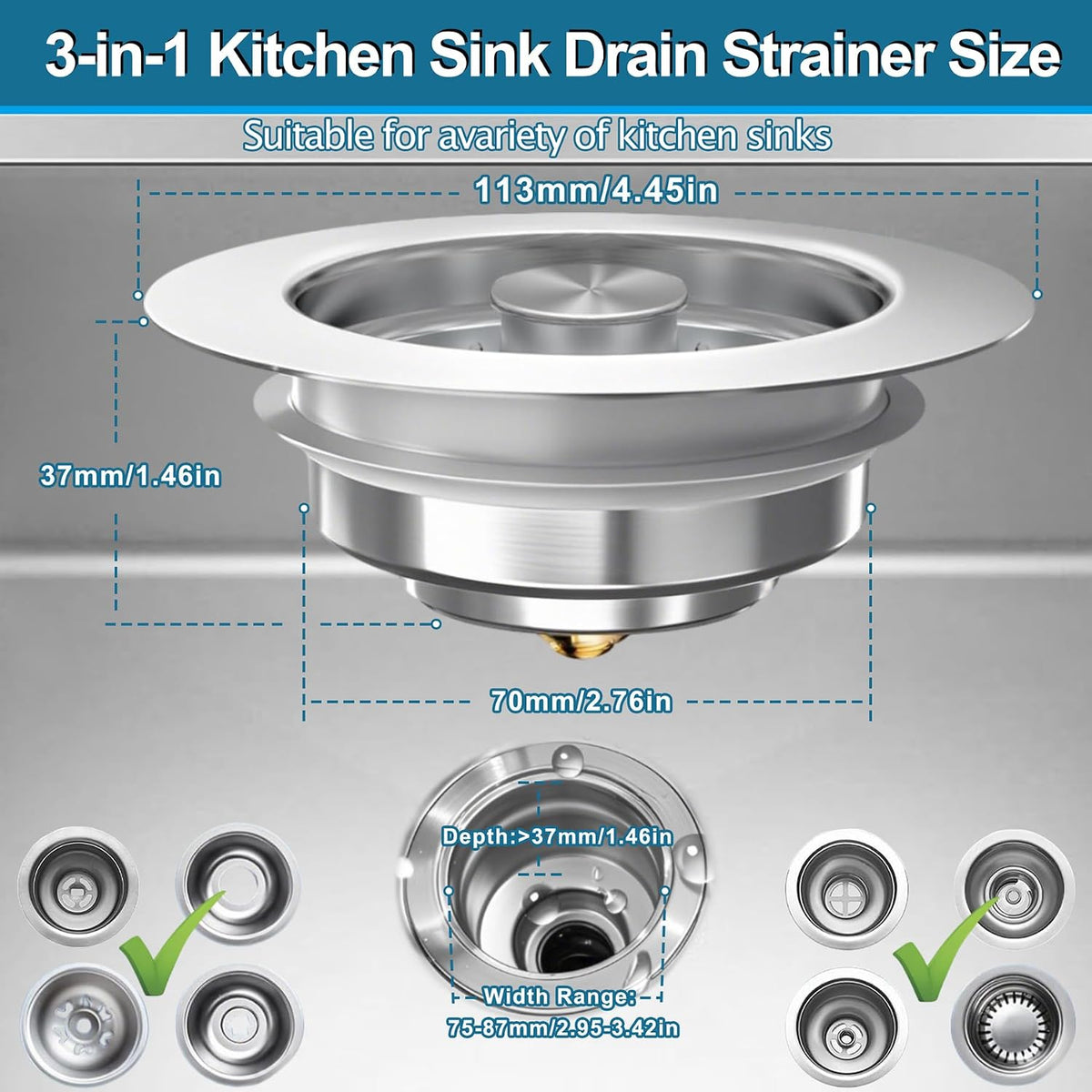 Upgraded 3-in-1 Pop-Up Kitchen Sink Drain Strainer Stopper
