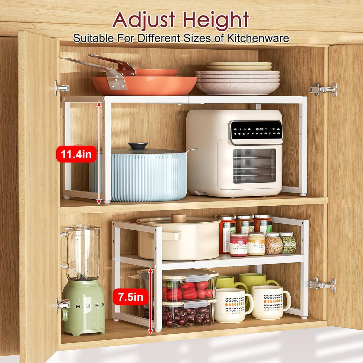 Expandable Kitchen Storage Shelves,110LBS Heavy Duty Metal Shelving Units and Storage For Small Appliance, Adjustable Stackble Storage Shelf Organizer For Kitchen Cabinet Pantry Warehouse Garage,White