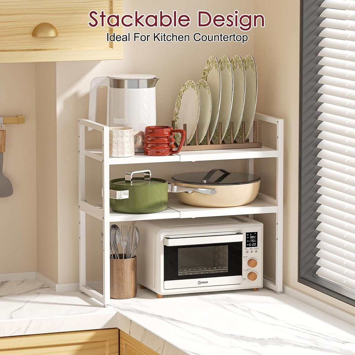 Expandable Kitchen Storage Shelves,110LBS Heavy Duty Metal Shelving Units and Storage For Small Appliance, Adjustable Stackble Storage Shelf Organizer For Kitchen Cabinet Pantry Warehouse Garage,White
