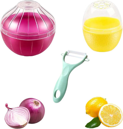 2PCS Lemon and Onion Storage Containers with Peeler, Freshness Keepers for Lemon and Onion, Ideal for Fridge Vegetable Crisper, Keeps Food Fresh Longer