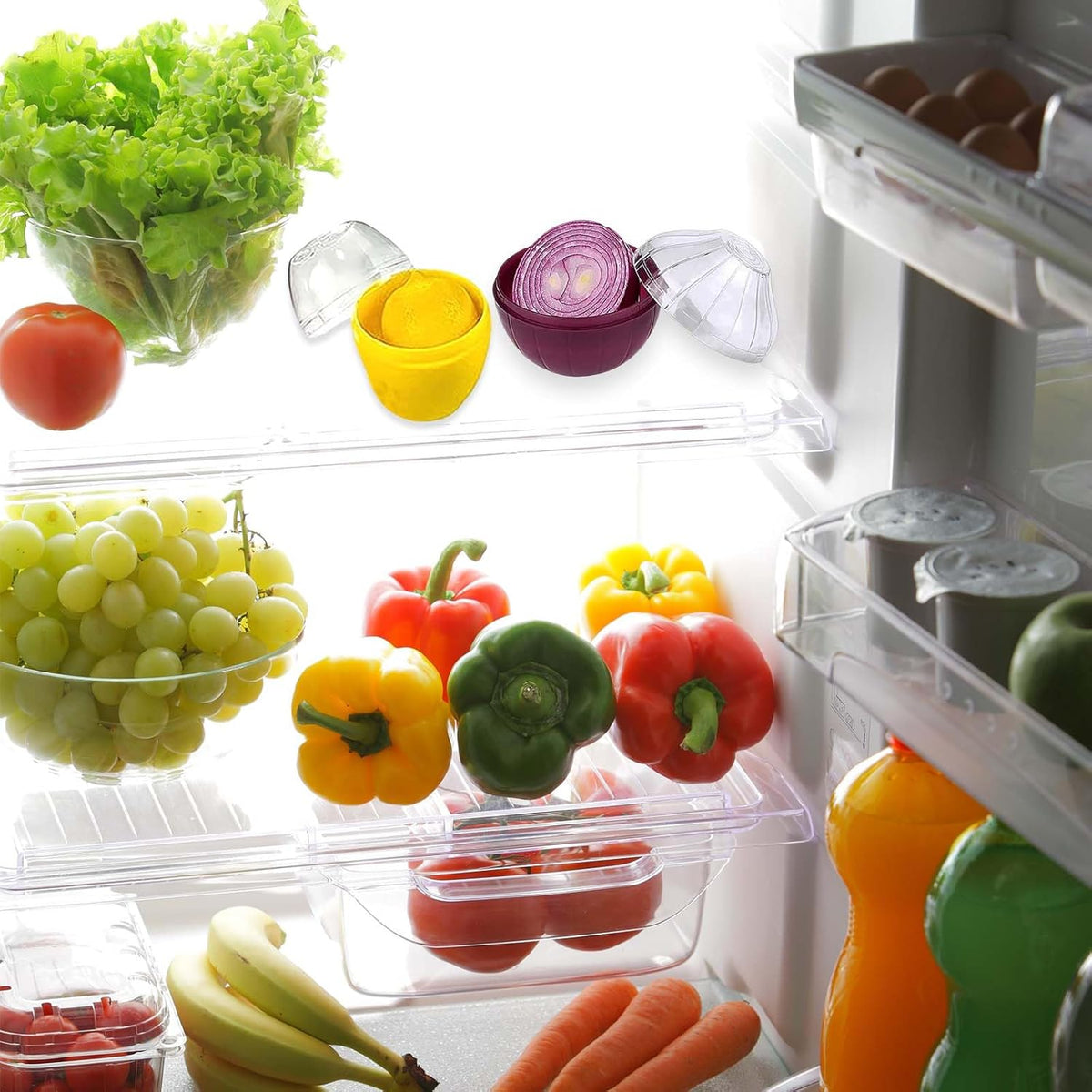 2PCS Lemon and Onion Storage Containers with Peeler, Freshness Keepers for Lemon and Onion, Ideal for Fridge Vegetable Crisper, Keeps Food Fresh Longer