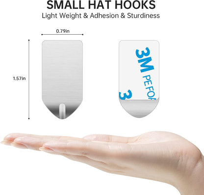 Small Adhesive Stainless Steel Hooks for Hanging Hats, Caps and Keys - 20 Pack, Holds up to 2 lbs Perfect for Wall-Mounted Baseball Caps and Measuring Cup Storage