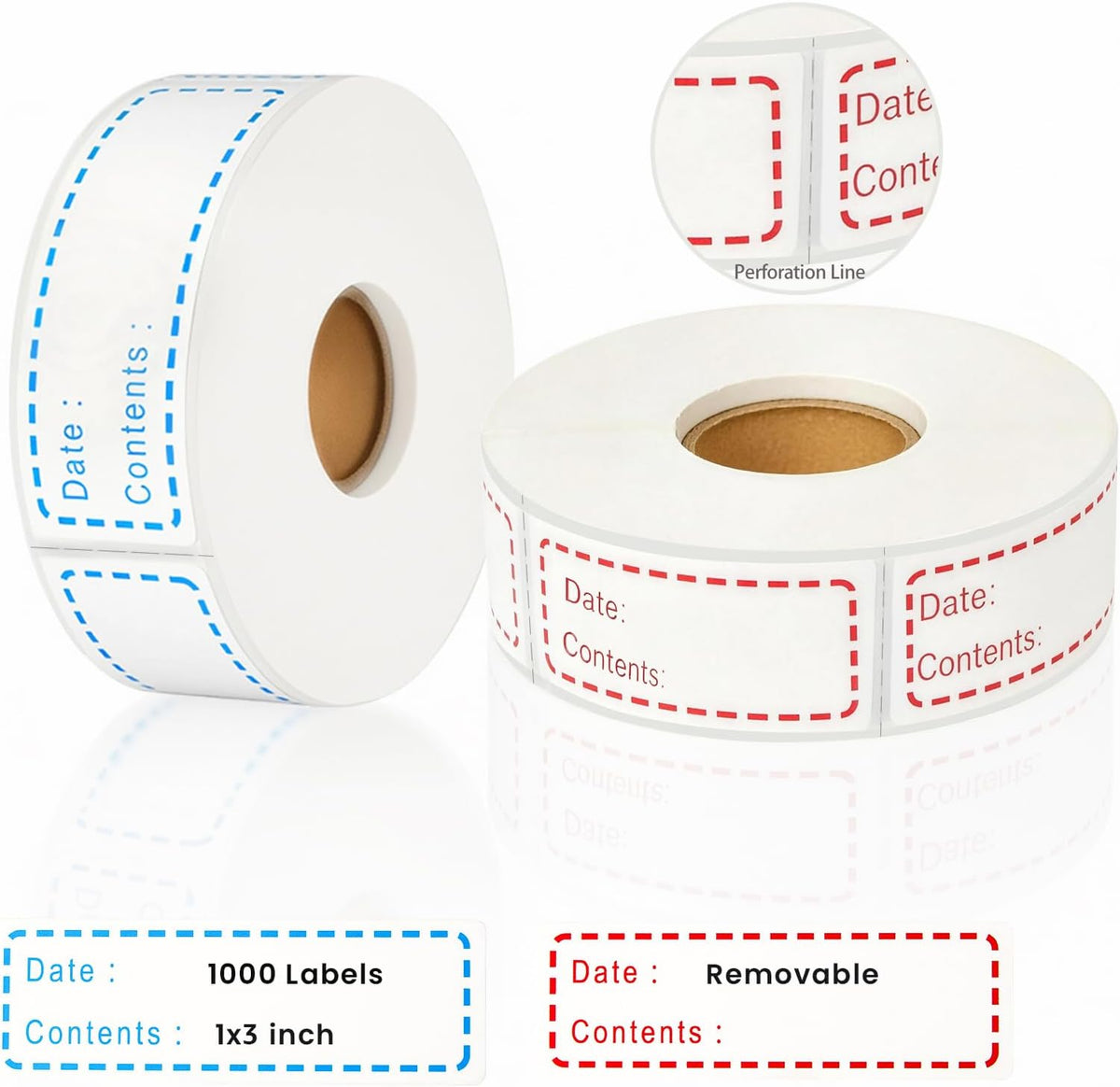 1000 Pcs Removable Freezer Labels with Perforation Line, 1x3 Inch Waterproof Oil Resistant Food Storage Stickers, No Residue Easy Peel Date Content Labels for Kitchen Containers, Jars, Restaurants