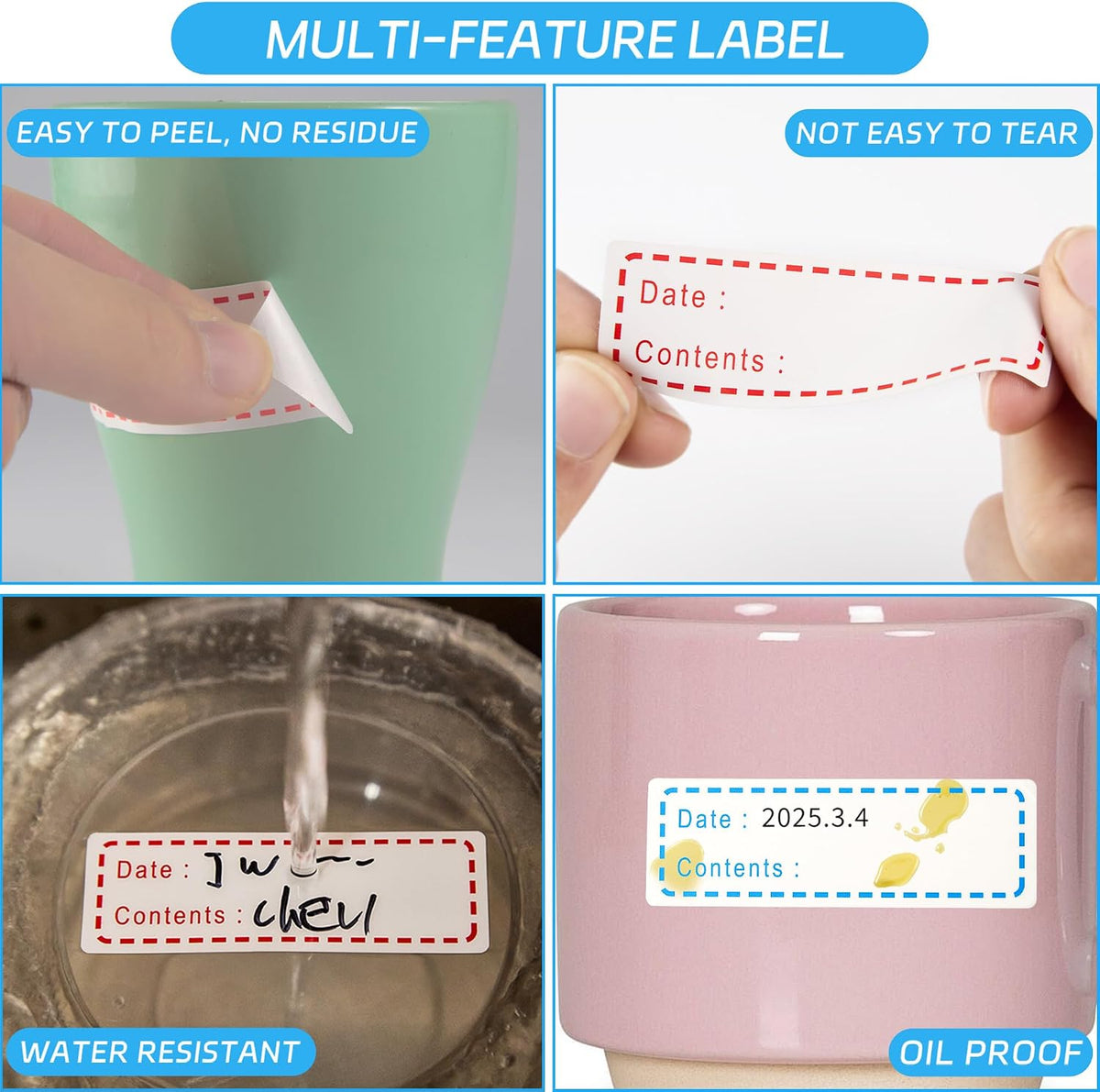 1000 Pcs Removable Freezer Labels with Perforation Line, 1x3 Inch Waterproof Oil Resistant Food Storage Stickers, No Residue Easy Peel Date Content Labels for Kitchen Containers, Jars, Restaurants