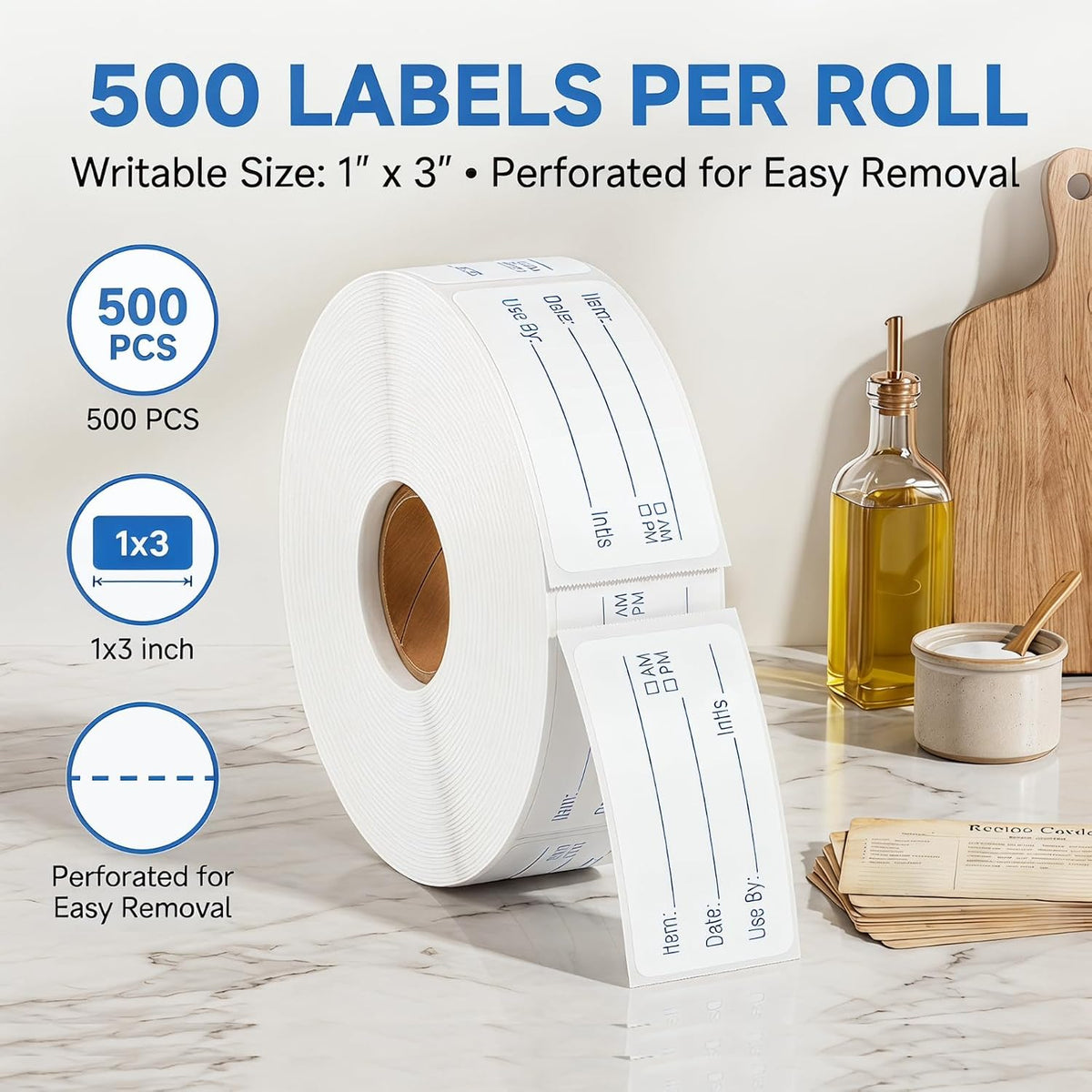 1000 Pcs Removable Freezer Labels with Perforation Line, 1x3 Inch Waterproof Oil Resistant Food Storage Stickers, No Residue Easy Peel Date Content Labels for Kitchen Containers, Jars, Restaurants