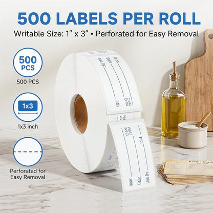 1000 Pcs Removable Freezer Labels with Perforation Line, 1x3 Inch Waterproof Oil Resistant Food Storage Stickers, No Residue Easy Peel Date Content Labels for Kitchen Containers, Jars, Restaurants