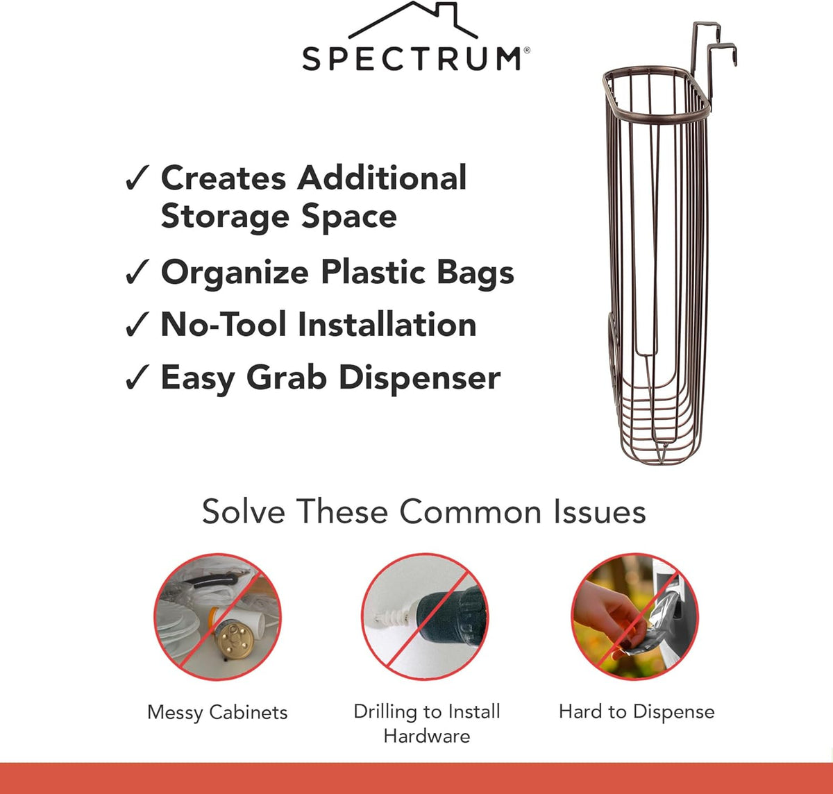 Ashley Over Cabinet Door Grocery Bag Holder Hanging Bag Dispenser for Kitchen Cabinet Bathroom Under Sink Home Organization, Heavy Duty Plastic Bag Cabinet Door Storage, Bronze