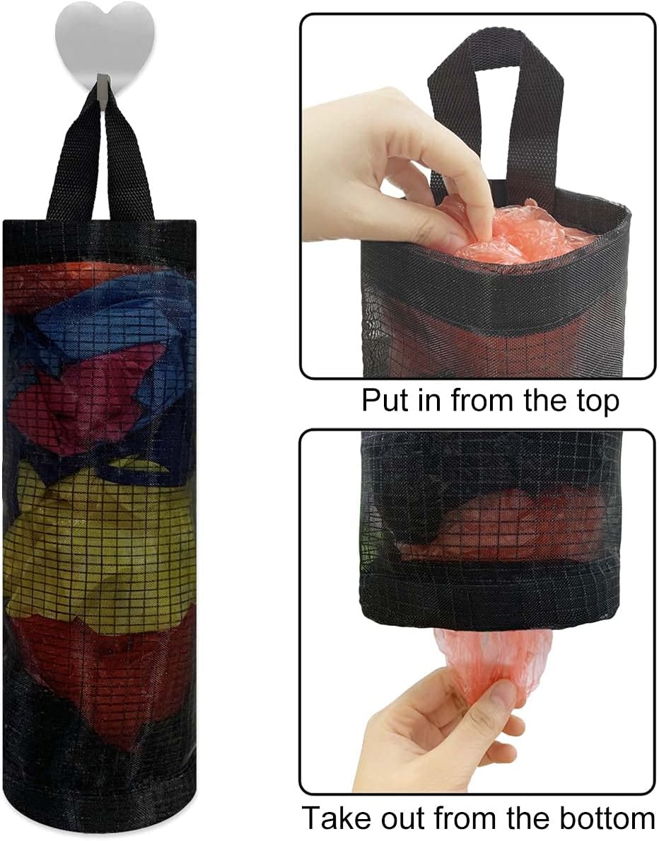 2 Pcs Plastic Bag Holder Trash Bags Storage Dispenser Organizer for Home Kitchen Mesh Hanging Storage Dispensers Recycling Garbage Folding Hanging Storage Bag Grocery Bags Holder with 2 Hooks (Black)