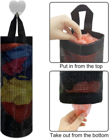 2 Pcs Plastic Bag Holder Trash Bags Storage Dispenser Organizer for Home Kitchen Mesh Hanging Storage Dispensers Recycling Garbage Folding Hanging Storage Bag Grocery Bags Holder with 2 Hooks (Black)