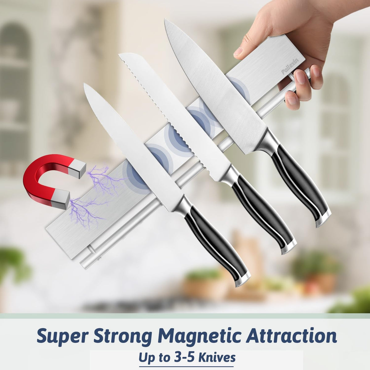 12 Inch Magnetic Knife Holder for Wall - Stainless Steel Magnet Knife Strip No Drill with 5 Hooks/Adhesive Tape/Screws, Kitchen Utensil Holder, Magnetic Knife Organizer, Wall Mounted Knife Storage