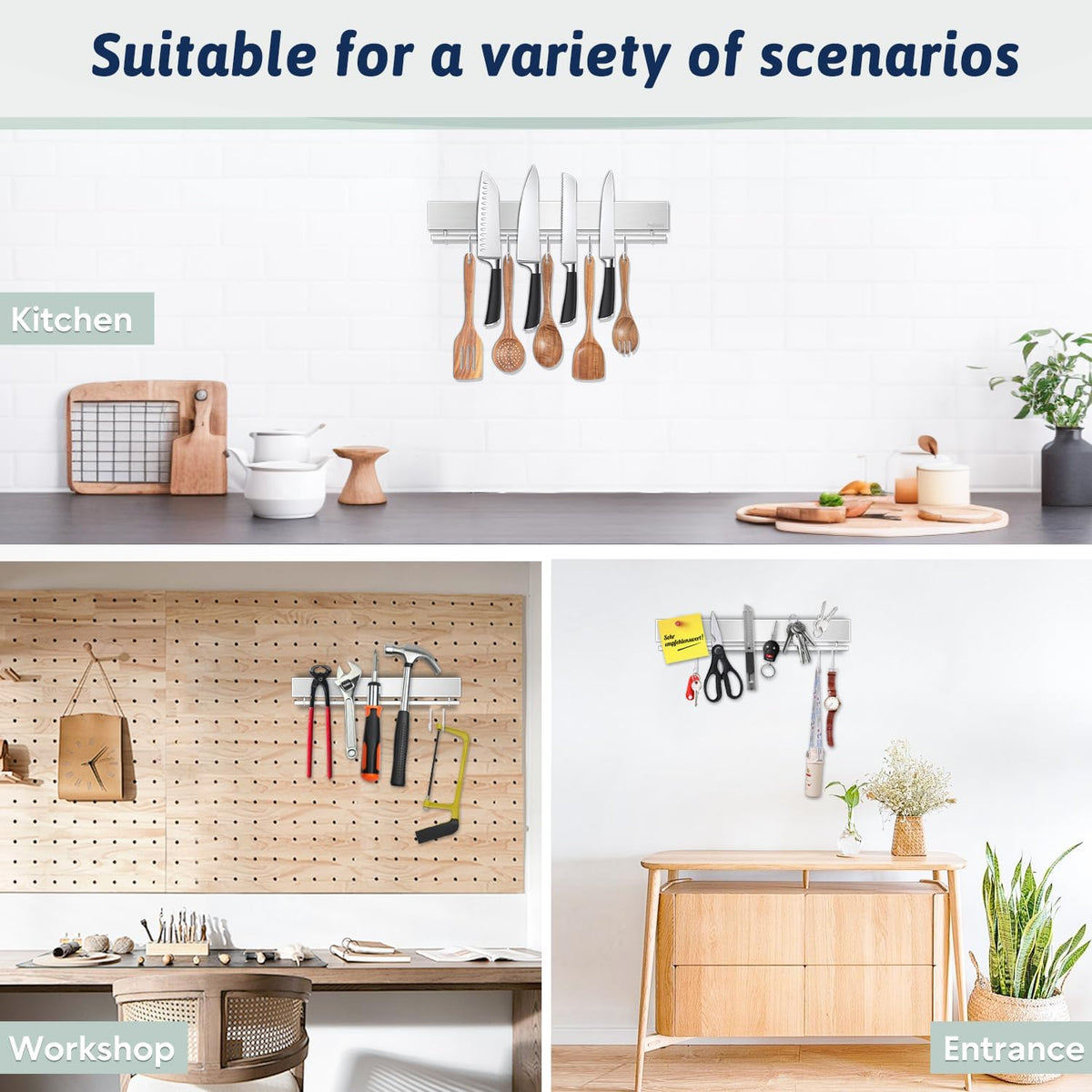 12 Inch Magnetic Knife Holder for Wall - Stainless Steel Magnet Knife Strip No Drill with 5 Hooks/Adhesive Tape/Screws, Kitchen Utensil Holder, Magnetic Knife Organizer, Wall Mounted Knife Storage