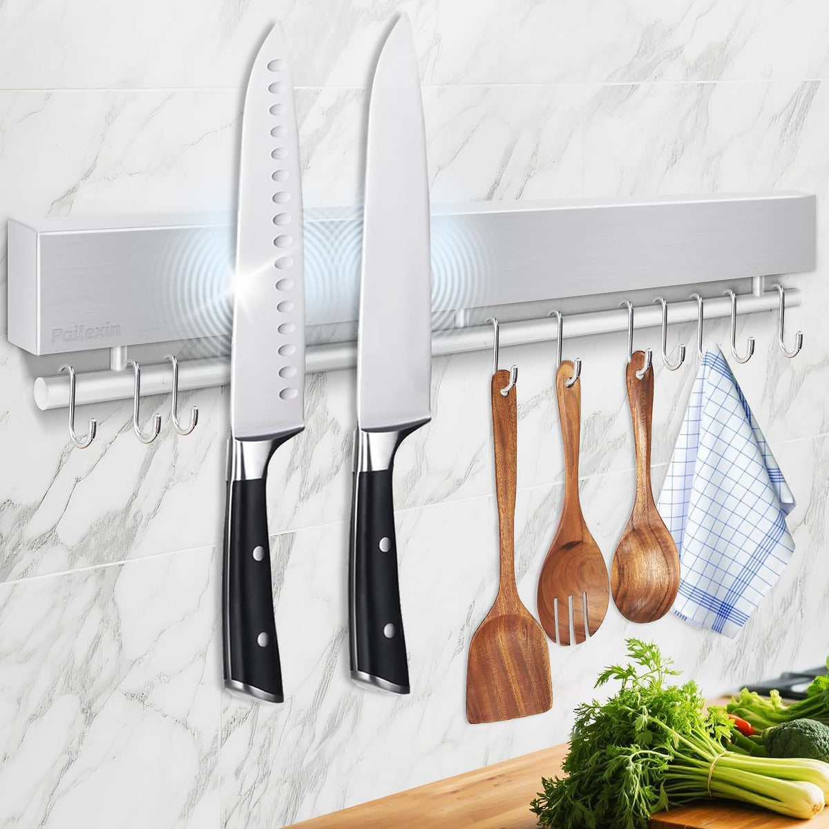 12 Inch Magnetic Knife Holder for Wall - Stainless Steel Magnet Knife Strip No Drill with 5 Hooks/Adhesive Tape/Screws, Kitchen Utensil Holder, Magnetic Knife Organizer, Wall Mounted Knife Storage