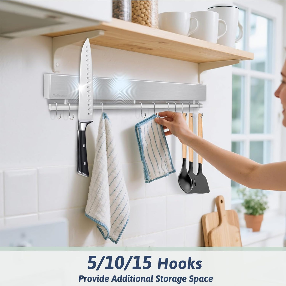 12 Inch Magnetic Knife Holder for Wall - Stainless Steel Magnet Knife Strip No Drill with 5 Hooks/Adhesive Tape/Screws, Kitchen Utensil Holder, Magnetic Knife Organizer, Wall Mounted Knife Storage
