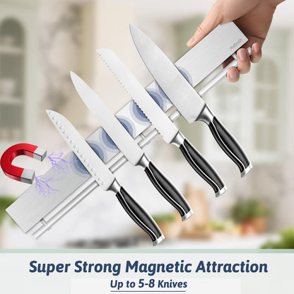 12 Inch Magnetic Knife Holder for Wall - Stainless Steel Magnet Knife Strip No Drill with 5 Hooks/Adhesive Tape/Screws, Kitchen Utensil Holder, Magnetic Knife Organizer, Wall Mounted Knife Storage