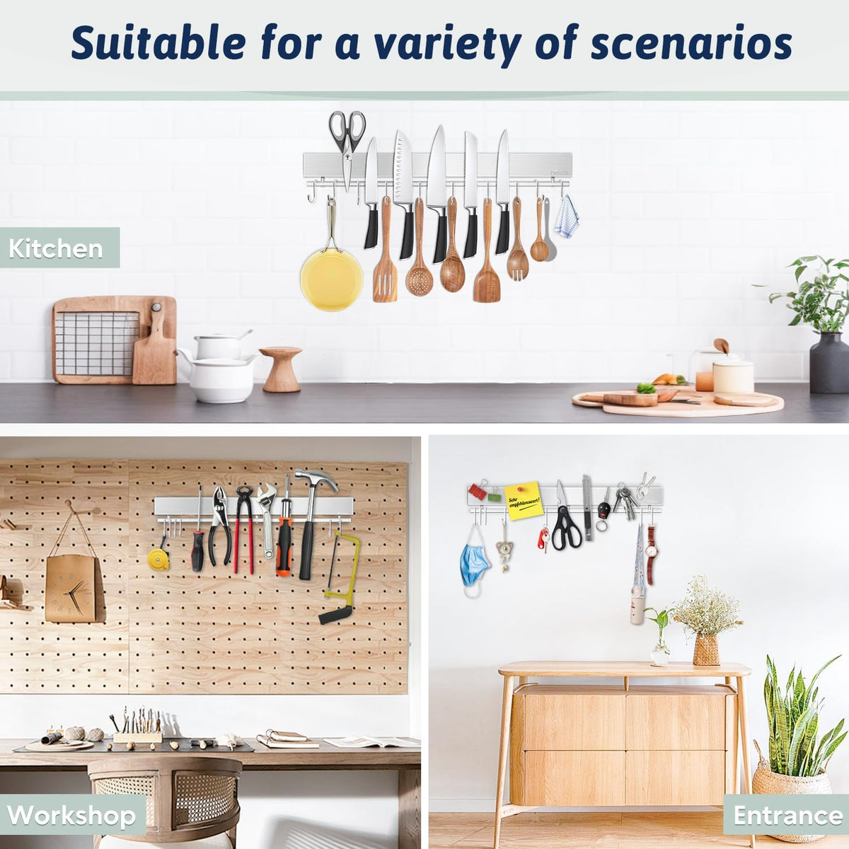 12 Inch Magnetic Knife Holder for Wall - Stainless Steel Magnet Knife Strip No Drill with 5 Hooks/Adhesive Tape/Screws, Kitchen Utensil Holder, Magnetic Knife Organizer, Wall Mounted Knife Storage