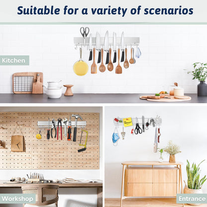 12 Inch Magnetic Knife Holder for Wall - Stainless Steel Magnet Knife Strip No Drill with 5 Hooks/Adhesive Tape/Screws, Kitchen Utensil Holder, Magnetic Knife Organizer, Wall Mounted Knife Storage