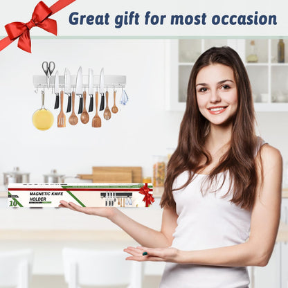 12 Inch Magnetic Knife Holder for Wall - Stainless Steel Magnet Knife Strip No Drill with 5 Hooks/Adhesive Tape/Screws, Kitchen Utensil Holder, Magnetic Knife Organizer, Wall Mounted Knife Storage