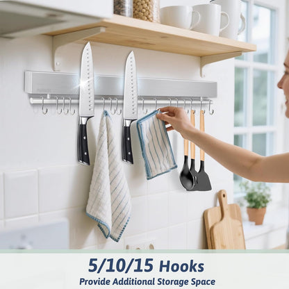 12 Inch Magnetic Knife Holder for Wall - Stainless Steel Magnet Knife Strip No Drill with 5 Hooks/Adhesive Tape/Screws, Kitchen Utensil Holder, Magnetic Knife Organizer, Wall Mounted Knife Storage