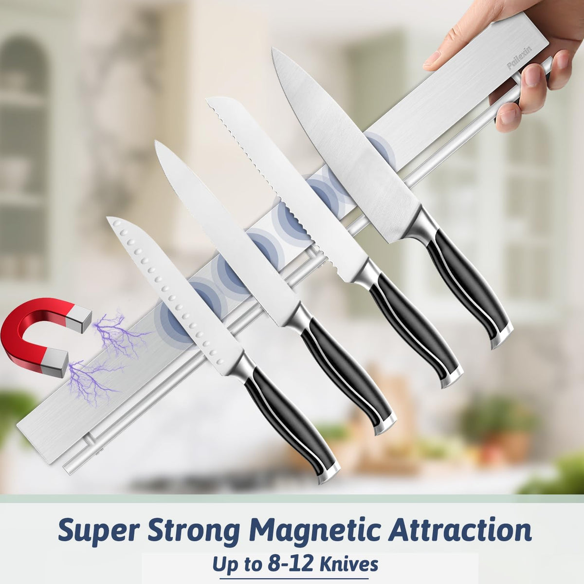 12 Inch Magnetic Knife Holder for Wall - Stainless Steel Magnet Knife Strip No Drill with 5 Hooks/Adhesive Tape/Screws, Kitchen Utensil Holder, Magnetic Knife Organizer, Wall Mounted Knife Storage