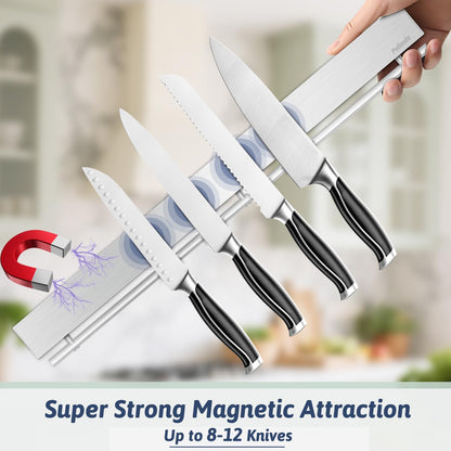 12 Inch Magnetic Knife Holder for Wall - Stainless Steel Magnet Knife Strip No Drill with 5 Hooks/Adhesive Tape/Screws, Kitchen Utensil Holder, Magnetic Knife Organizer, Wall Mounted Knife Storage