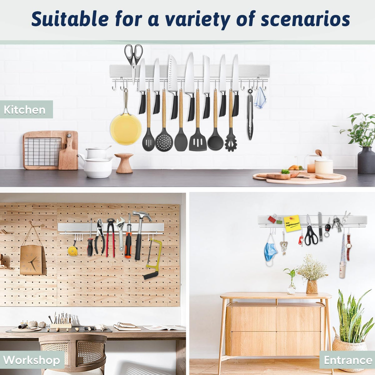 12 Inch Magnetic Knife Holder for Wall - Stainless Steel Magnet Knife Strip No Drill with 5 Hooks/Adhesive Tape/Screws, Kitchen Utensil Holder, Magnetic Knife Organizer, Wall Mounted Knife Storage