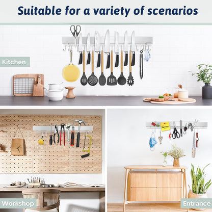 12 Inch Magnetic Knife Holder for Wall - Stainless Steel Magnet Knife Strip No Drill with 5 Hooks/Adhesive Tape/Screws, Kitchen Utensil Holder, Magnetic Knife Organizer, Wall Mounted Knife Storage