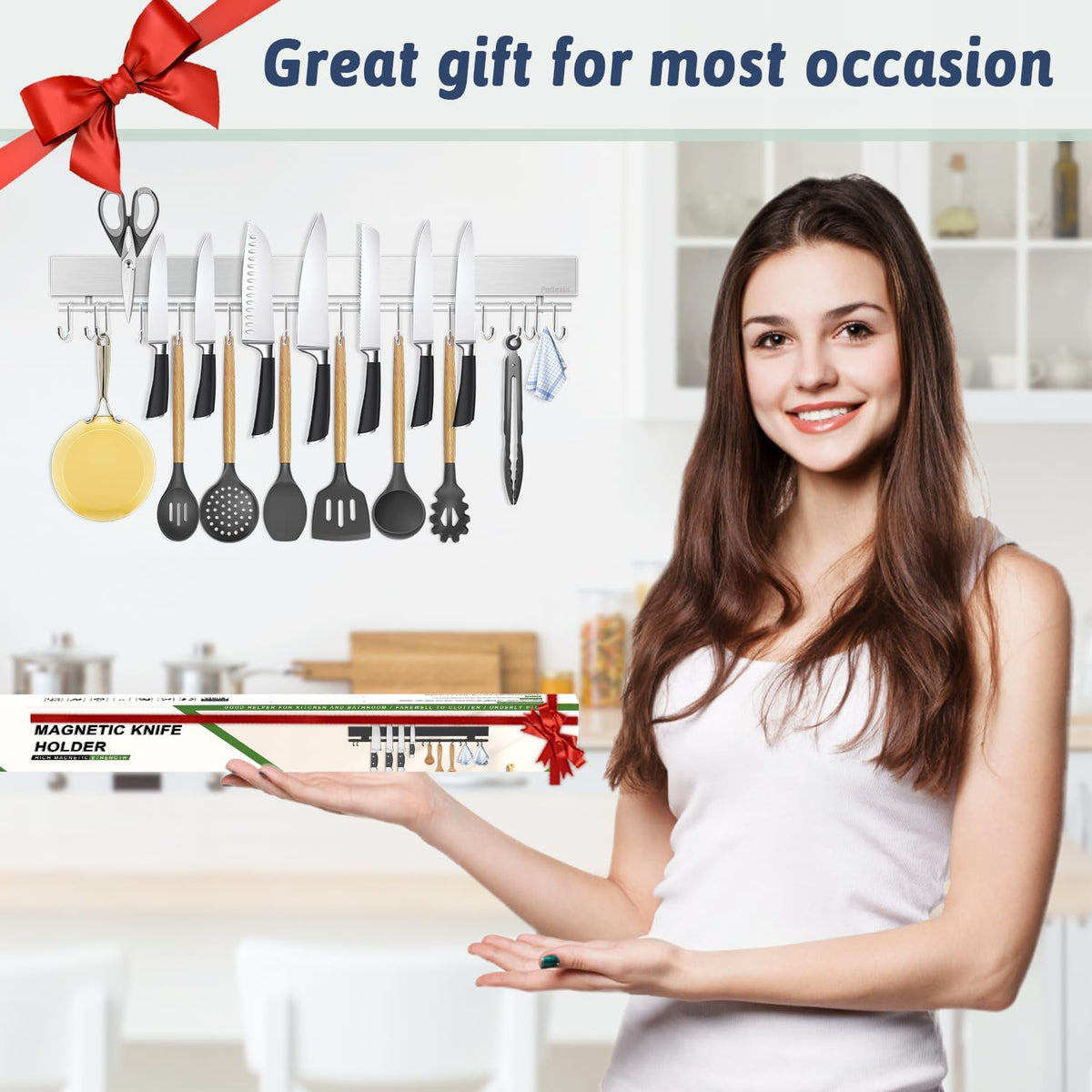 12 Inch Magnetic Knife Holder for Wall - Stainless Steel Magnet Knife Strip No Drill with 5 Hooks/Adhesive Tape/Screws, Kitchen Utensil Holder, Magnetic Knife Organizer, Wall Mounted Knife Storage