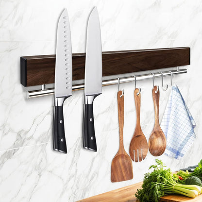 12 Inch Magnetic Knife Holder for Wall - Stainless Steel Magnet Knife Strip No Drill with 5 Hooks/Adhesive Tape/Screws, Kitchen Utensil Holder, Magnetic Knife Organizer, Wall Mounted Knife Storage