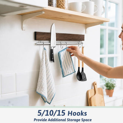 12 Inch Magnetic Knife Holder for Wall - Stainless Steel Magnet Knife Strip No Drill with 5 Hooks/Adhesive Tape/Screws, Kitchen Utensil Holder, Magnetic Knife Organizer, Wall Mounted Knife Storage