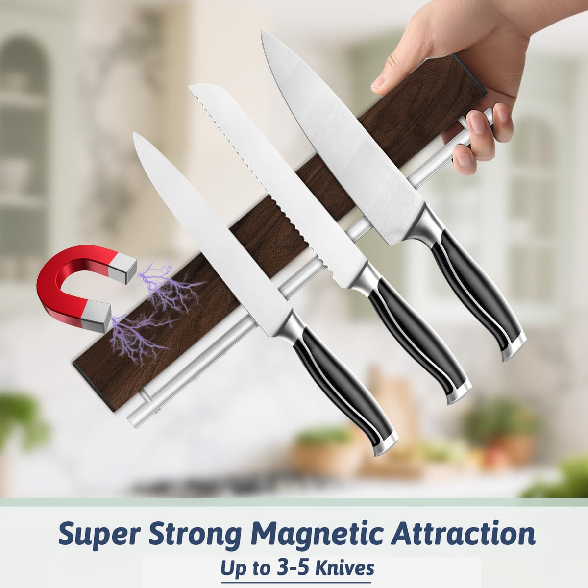 12 Inch Magnetic Knife Holder for Wall - Stainless Steel Magnet Knife Strip No Drill with 5 Hooks/Adhesive Tape/Screws, Kitchen Utensil Holder, Magnetic Knife Organizer, Wall Mounted Knife Storage