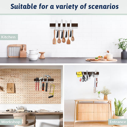 12 Inch Magnetic Knife Holder for Wall - Stainless Steel Magnet Knife Strip No Drill with 5 Hooks/Adhesive Tape/Screws, Kitchen Utensil Holder, Magnetic Knife Organizer, Wall Mounted Knife Storage