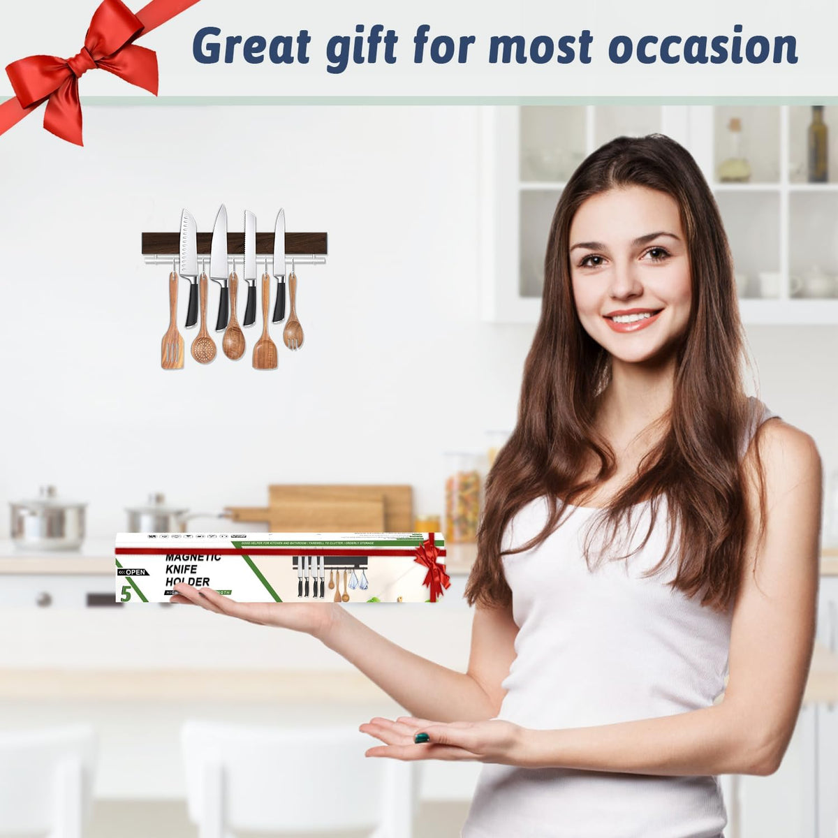 12 Inch Magnetic Knife Holder for Wall - Stainless Steel Magnet Knife Strip No Drill with 5 Hooks/Adhesive Tape/Screws, Kitchen Utensil Holder, Magnetic Knife Organizer, Wall Mounted Knife Storage