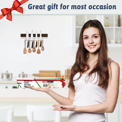 12 Inch Magnetic Knife Holder for Wall - Stainless Steel Magnet Knife Strip No Drill with 5 Hooks/Adhesive Tape/Screws, Kitchen Utensil Holder, Magnetic Knife Organizer, Wall Mounted Knife Storage