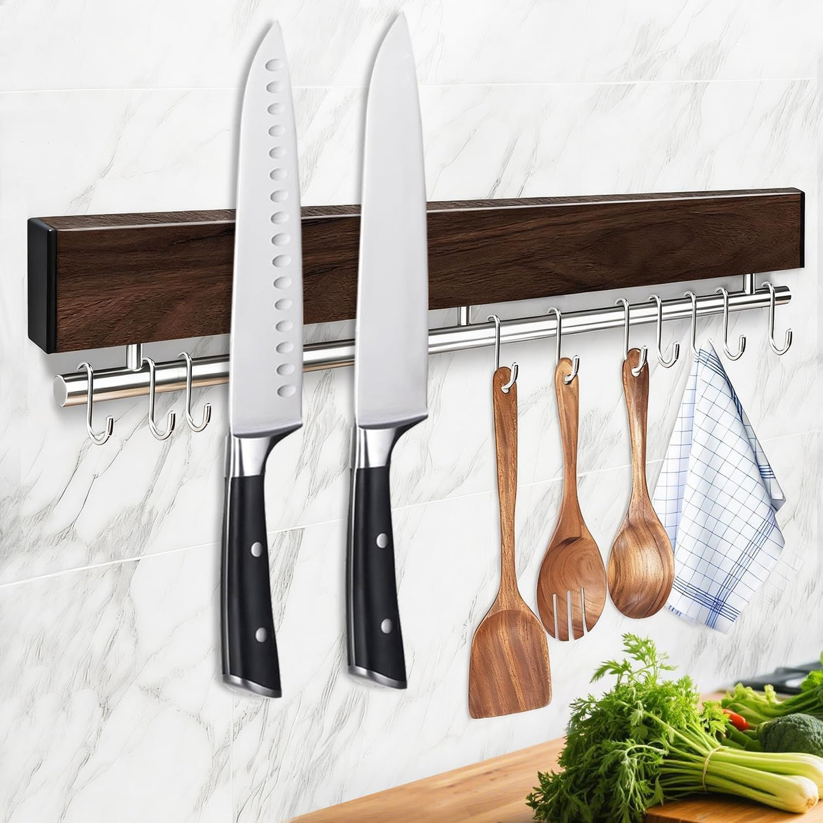 12 Inch Magnetic Knife Holder for Wall - Stainless Steel Magnet Knife Strip No Drill with 5 Hooks/Adhesive Tape/Screws, Kitchen Utensil Holder, Magnetic Knife Organizer, Wall Mounted Knife Storage
