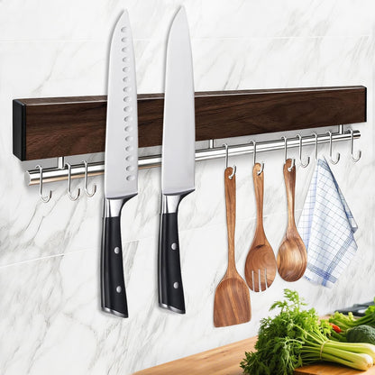 12 Inch Magnetic Knife Holder for Wall - Stainless Steel Magnet Knife Strip No Drill with 5 Hooks/Adhesive Tape/Screws, Kitchen Utensil Holder, Magnetic Knife Organizer, Wall Mounted Knife Storage