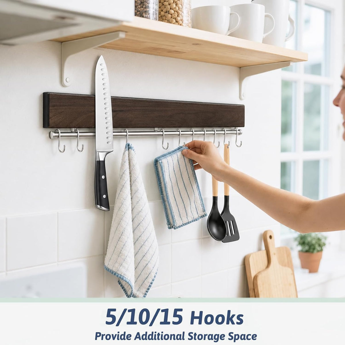 12 Inch Magnetic Knife Holder for Wall - Stainless Steel Magnet Knife Strip No Drill with 5 Hooks/Adhesive Tape/Screws, Kitchen Utensil Holder, Magnetic Knife Organizer, Wall Mounted Knife Storage