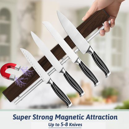 12 Inch Magnetic Knife Holder for Wall - Stainless Steel Magnet Knife Strip No Drill with 5 Hooks/Adhesive Tape/Screws, Kitchen Utensil Holder, Magnetic Knife Organizer, Wall Mounted Knife Storage
