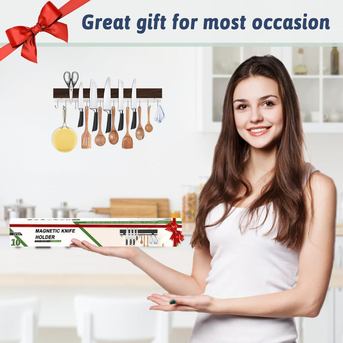 12 Inch Magnetic Knife Holder for Wall - Stainless Steel Magnet Knife Strip No Drill with 5 Hooks/Adhesive Tape/Screws, Kitchen Utensil Holder, Magnetic Knife Organizer, Wall Mounted Knife Storage